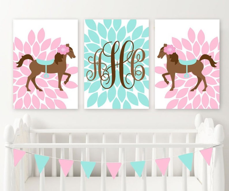 Horse Wall Art Horse Decor Canvas Or Prints Cowgirl Bedroom Flower Horse Pictures Personalized Girl Monogram Girl Horse Theme Set Of 3