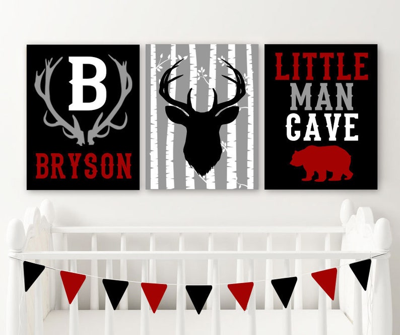 Lumberjack Buffalo Plaid Nursery Wall Art for Boy with Bear and Deer Canvas Printed