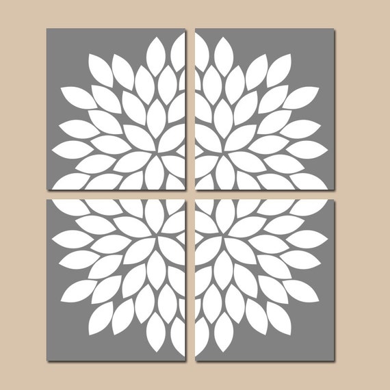 GRAY Flower Wall Art Gray Bedroom Wall Decor CANVAS or