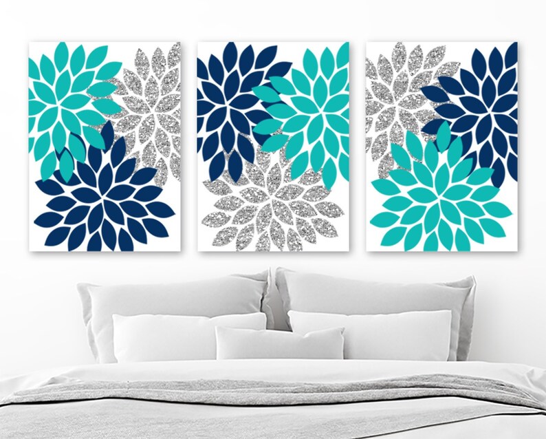 Glitter Navy Turquoise Wall Art Glitter Flower Bedroom Canvas Or Prints Glitter Flower Bathroom Decor Navy Turquoise Artwork Set Of 3