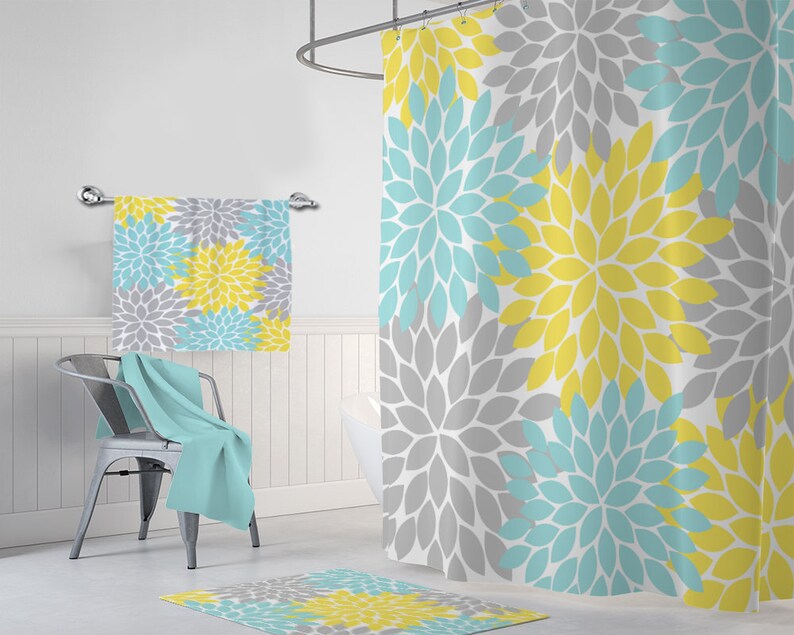 Yellow Aqua Gray Flower Shower Curtain Image 0