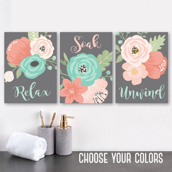 Coral Aqua Gray BATHROOM Wall Art CANVAS or Print Flower Etsy