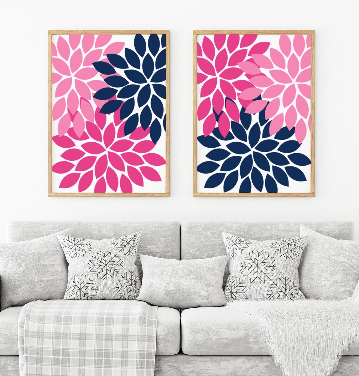 Navy Pink Flower Wall Art Flower Canvas Or Prints Navy Blue Pink Bathroom Decor Bedroom Wall Decor Navy Pink Nursery Decor Set Of 2