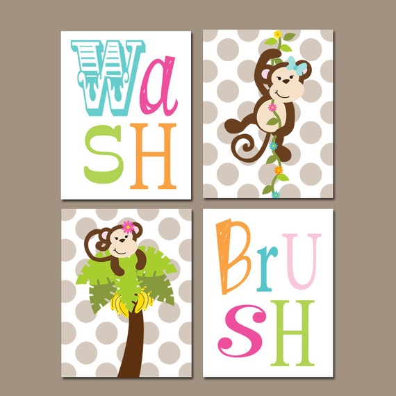 Girl Monkey Bathroom Wall Art Monkey Bathroom Decor Shared Etsy