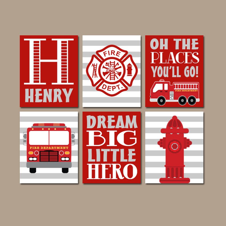 Fire Truck Wall Art Fire Truck Decor Canvas Or Prints Fireman Fire Truck Birthday Big Boy Bedroom Fire Truck Nursery Set Of 6 Pictures
