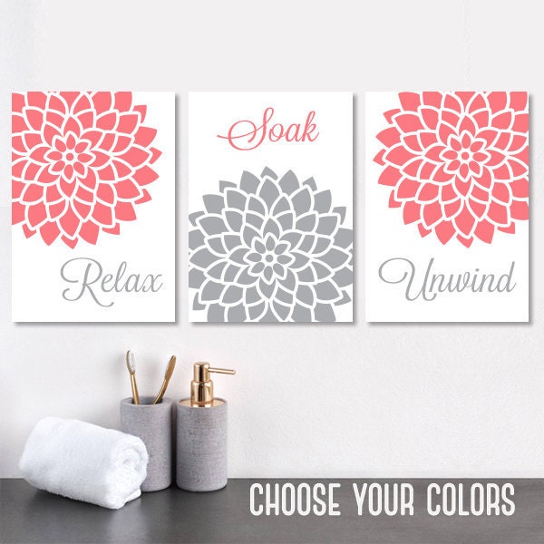 Coral Gray BATHROOM WALL Art Canvas or Print Floral Bathroom Etsy
