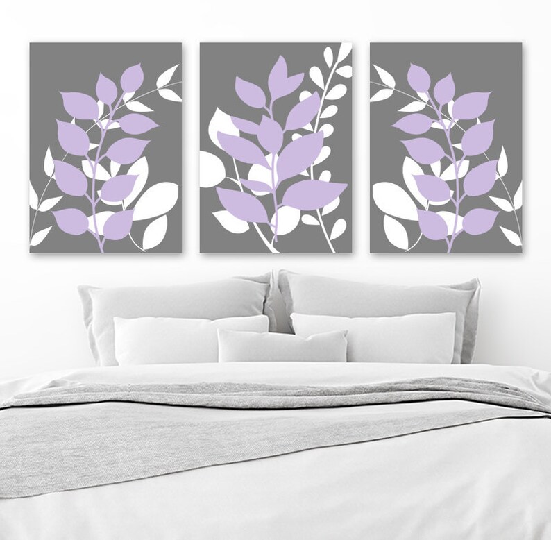 Gray Lavender Wall Art Foliage Botanical Leaf Bedroom Decor Canvas Or Print Purple Bathroom Set Of 3