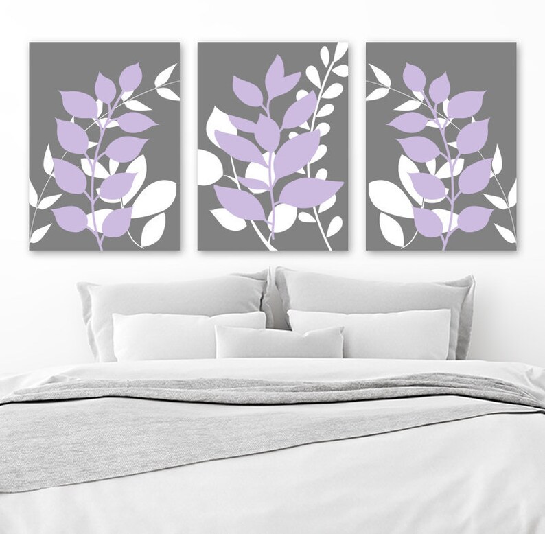 gray lavender wall art, foliage art, botanical wall art, leaf bedroom wall  decor canvas or print gray purple bathroom wall decor, set of 3