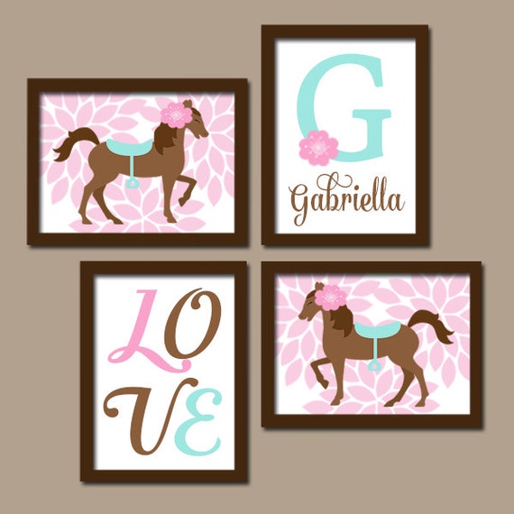Girl Horse Wall Art Horse Bedroom Wall Decor Canvas Or Print Baby Girl Horse Nursery Decor Cowgirl Personalized Girl Monogram Set Of 4