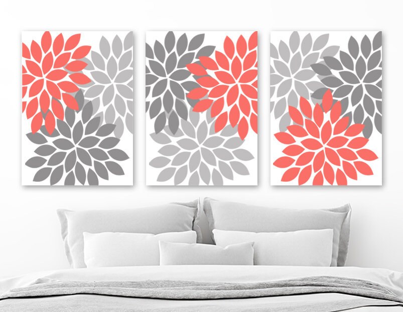 CORAL GRAY Flower Wall Art Coral Gray Bedroom Wall Decor | Etsy