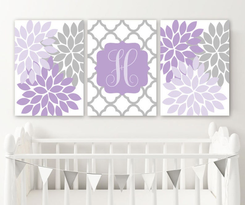 Purple Gray Nursery Wall Art Flower Lilac Lavender Decor Canvas Or Print Girl Monogram Initial Pictures Set Of 3