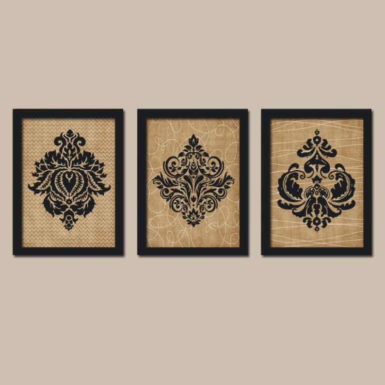 Damask Wall Art Tan Black Bedroom Pictures Canvas Or Prints Bathroom Decor Living Room Set Of 3