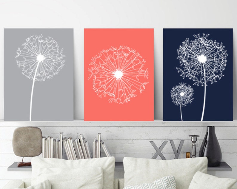 Dandelion Wall Art C Navy Gray Bedroom Decor Canvas Or Prints Bathroom Flower Set Of 3
