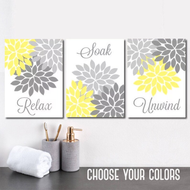 Yellow Gray Bathroom Decor Wall Art Canvas Or Prints Flower Set Of 3 Relax Soak Unwind - Yellow And Gray Wall Decor For Bathroom Yellow Gray Bathroom Decor Wall Art Canvas Or Prints Flower Set Of 3 Relax Soak Unwind - Yellow And Gray Wall Decor For Bathroom