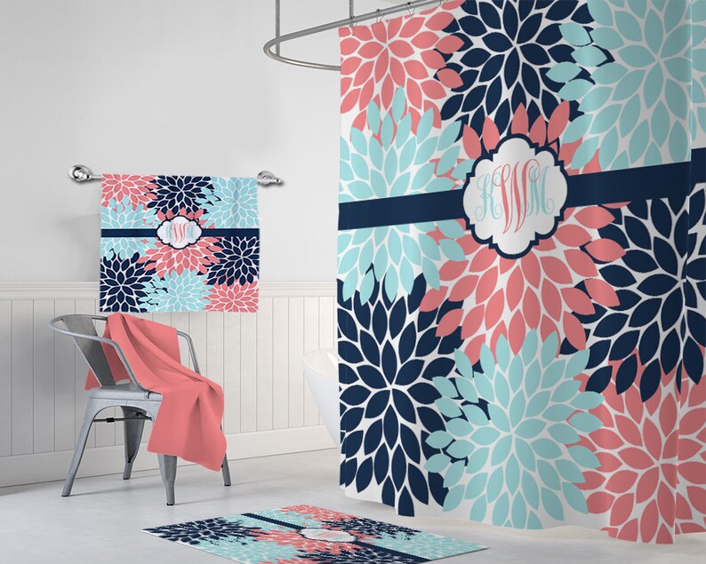 C Navy Aqua Flower Shower Curtain C Navy Aqua Flower Shower Curtain Image 0