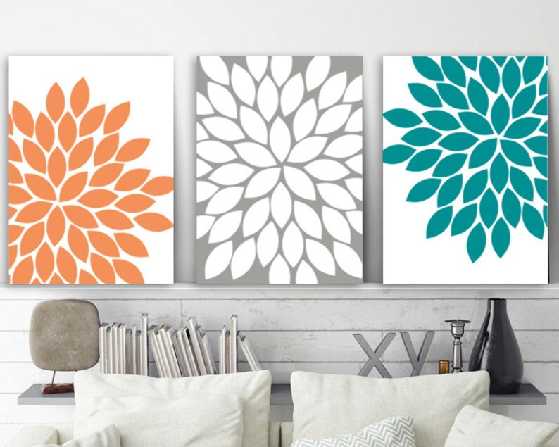 Flower Wall Art Orange Teal Gray Bedroom Canvas Or Prints Etsy