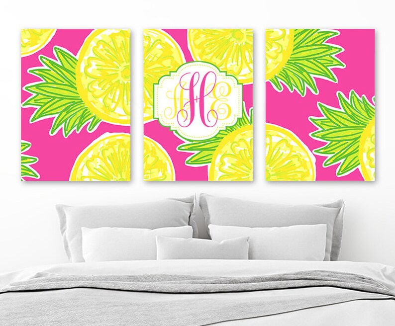 Girl Monogram Wall Art Teen Bedroom Pineapple Decor Yellow Hot Pink Lime Monogram Wall Decor Lilly Girl Nursery Canvas Or Print Set Of 3