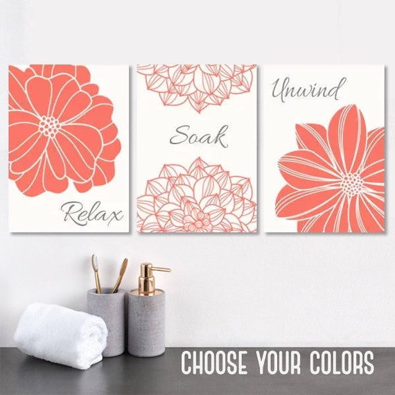 Bathroom Decor Coral Gray BATHROOM Wall Art CANVAS or Print Etsy