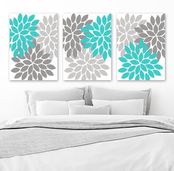 Turquoise Gray Wall Art Flower Wall Art Floral Bedroom Wall Etsy