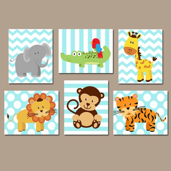 Safari Animal Wall Art Baby Boy Nursery Decor Zoo Jungle Theme Bedroom Playroom Canvas Or Prints Set Of 6