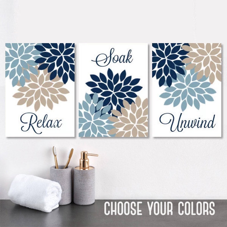Bathroom Decor Navy Blue Beige Bathroom Wall Art Canvas Or Prints Relax Soak Unwind Floral Flower Bathroom Art Bathroom Quote Set Of 3