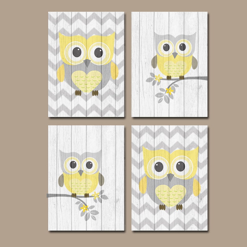 Yellow Gray Owl Wall Art Owl Nursery Decor Canvas Or Print Wood Effect Baby Girl Crib Yellow Gray Bedroom Pictures Set Of 4 Pictures