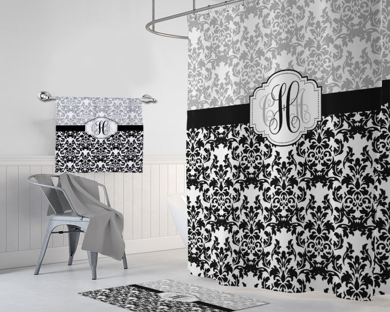 Gray Black Damask Shower Curtain Gray Black Monogram Etsy