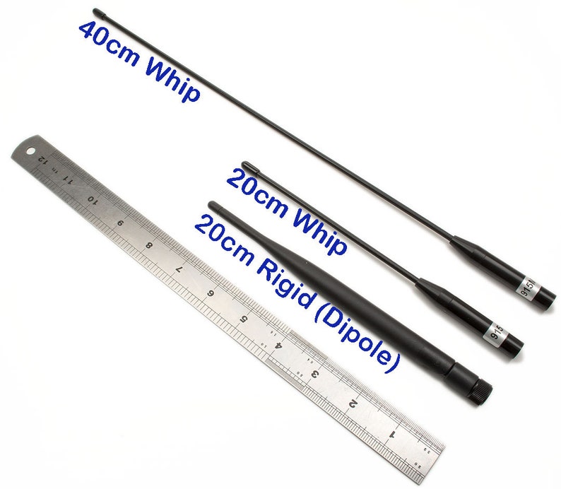 May include: Three black antennas of different lengths, a 40cm whip, a 20cm whip, and a 20cm rigid dipole, are shown next to a ruler. The antennas are labeled with their lengths in centimeters.