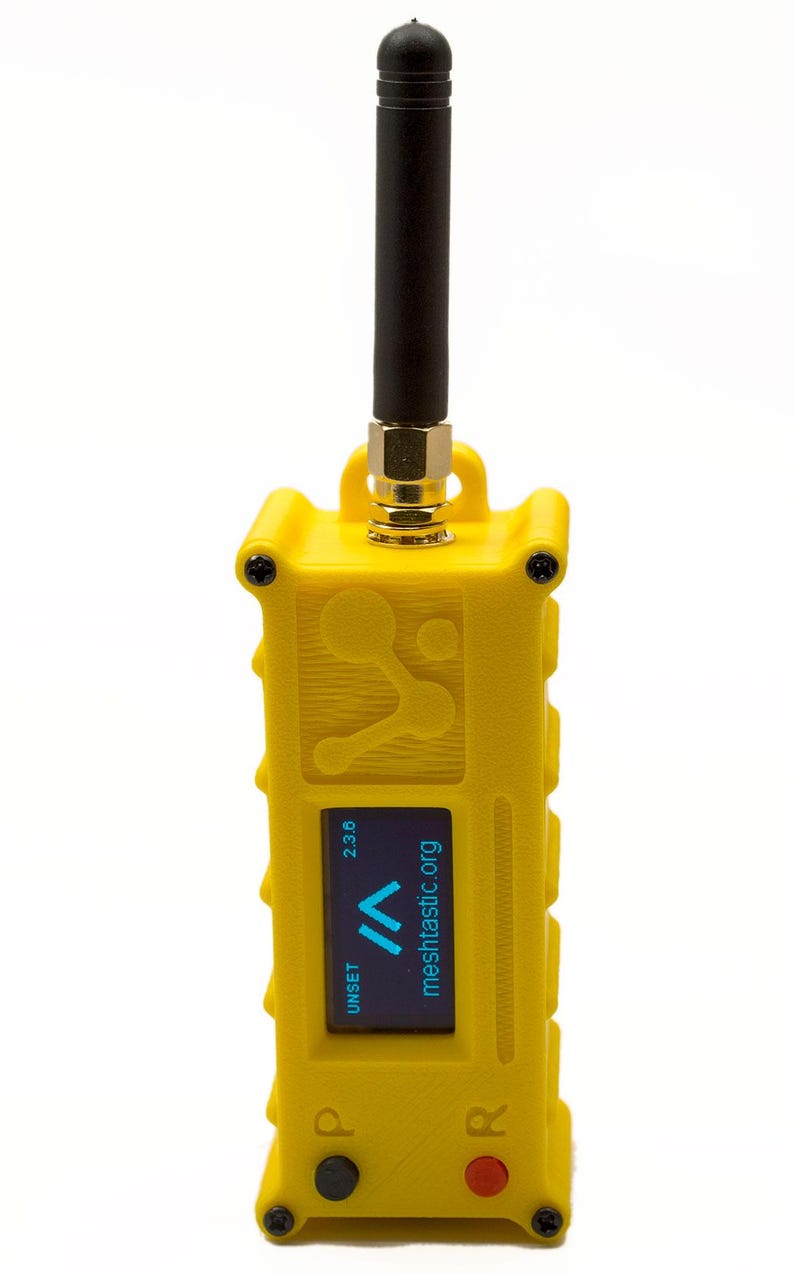 May include: A yellow handheld device with a black antenna, a blue screen displaying "UNSET 2.3.8 meshtactic.org", and two buttons labeled "P" and "R".