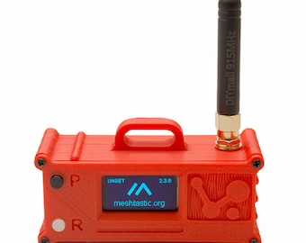 May include: A red 3D printed device with a small screen displaying "meshtactic.org" and a black antenna labeled "DIYmall 915MHz".