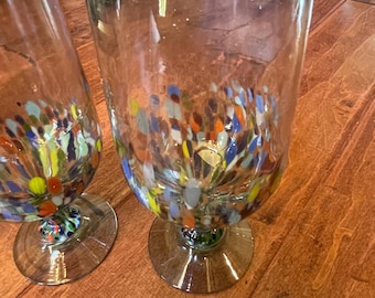 Beautiful Set of 2 Hand Blown "Confetti Festival" Glasses Glassware Made in Mexico