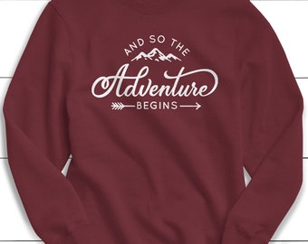 E assim começa a aventura moletom, suéter para atividades ao ar livre, suéter para acampamento, camiseta para natureza, suéter para caminhadas, moletom para aventura, camiseta para viagem