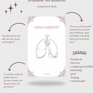 May include: A book cover with the title "LUNG CAPACITY" and an illustration of lungs. The cover is in a soft, muted color palette with text that reads "available on amazon in paperback & eBook". The themes listed are heartbreak, first love, and grief.