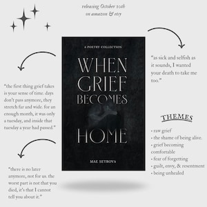 Könnte beinhalten: Ein schwarzes Buchcover mit dem Titel When Grief Becomes Home von Mae Setrova, gekennzeichnet als Gedichtsammlung. Das Cover zeigt weißen Text auf einem dunklen, strukturierten Hintergrund. Um das Buch herum stehen Textauszüge, Themen und Informationen.