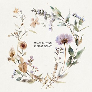 Studio Fé-wilde bloem clipart, botanische wilde bloemen clipart, wilde bloemenkrans, zomer herfstbloemen, pastel veld zomerbloemen, lijst
