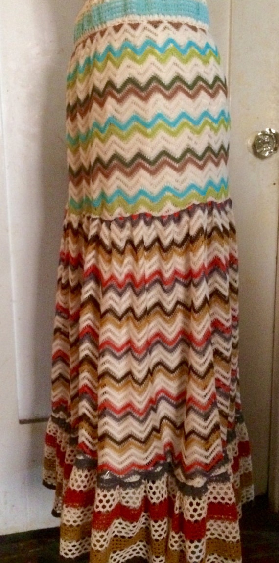 Vintage 70's Knit Long Skirt, Chevron Stripes w/ R