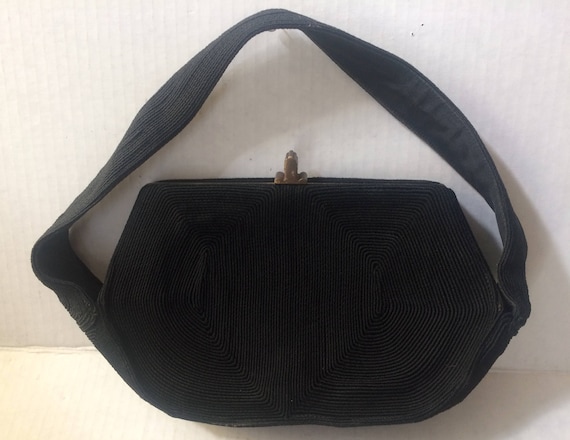 Vintage 40's Black Corde Soutache Purse, Top Handl