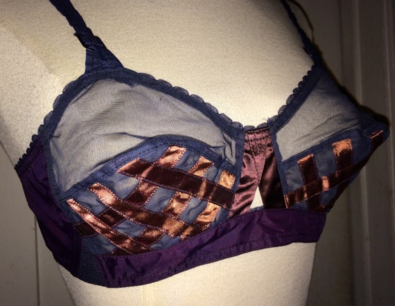 Vintage 30's Sheer Satin Bra, Navy Blue Nylon w/ M