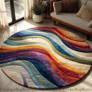 Colorful Wavy Round Area Rug, Abstract Rainbow Circle Carpet, Tufted Modern Floor Mat for Living Room Bedroom, Maximalist Decor