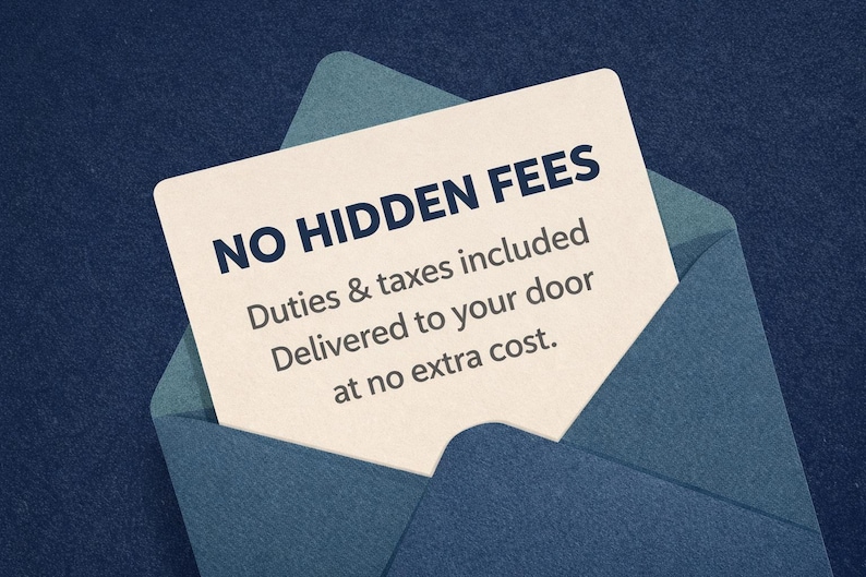 Peut inclure: Une carte blanche avec le texte "NO HIDDEN FEES" est &agrave; l'int&eacute;rieur d'une enveloppe bleue. La carte indique &eacute;galement "Droits et taxes inclus" et "Livr&eacute; &agrave; votre porte sans frais suppl&eacute;mentaires."