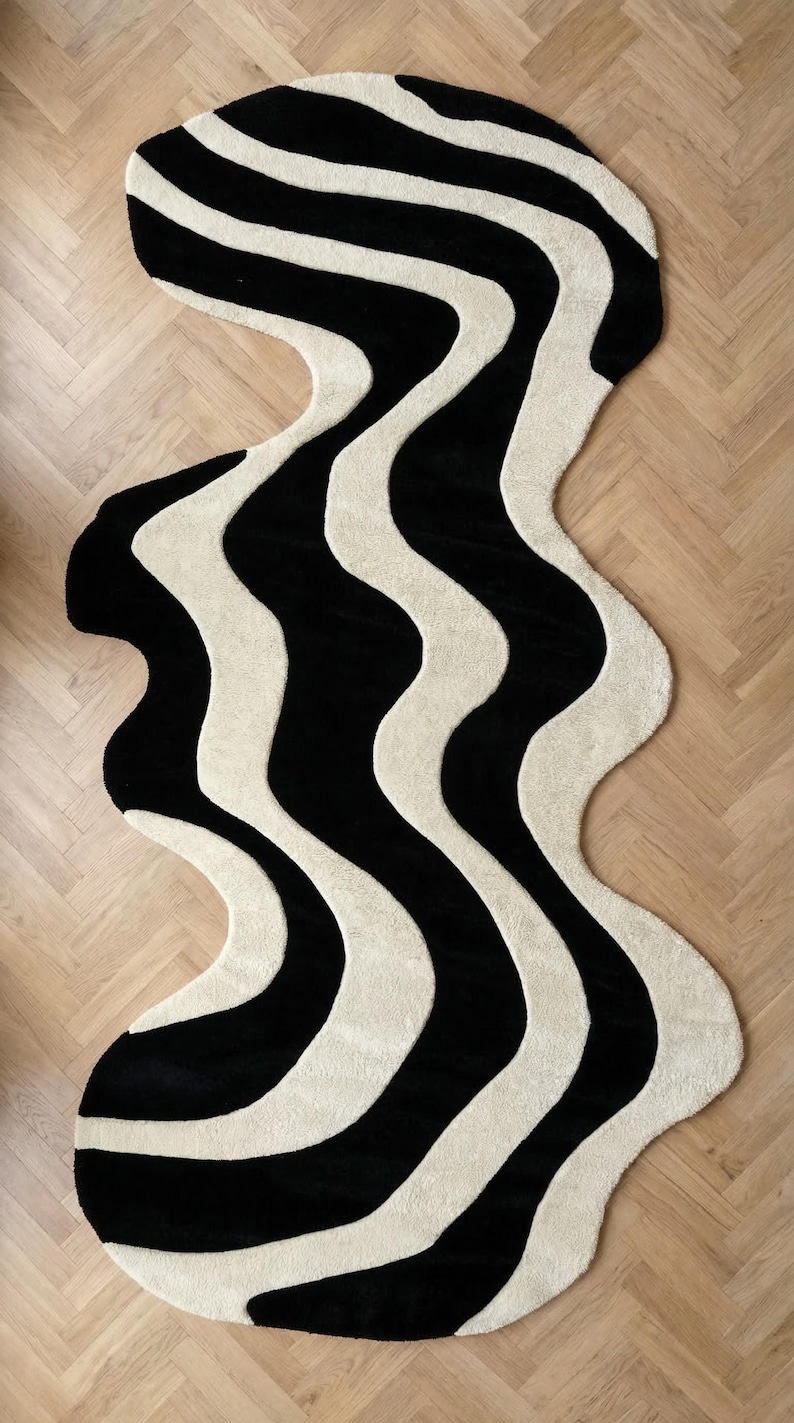 Wavy Runner Rug Irregular Black and White Hand Tufted Wool Modern ...