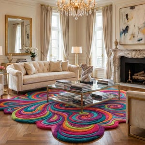 Peut inclure: Salon &eacute;l&eacute;gant avec un tapis abstrait color&eacute; aux tons de rose, bleu, jaune et vert. La pi&egrave;ce comprend des meubles beiges, une table basse en verre et une chemin&eacute;e en marbre. Des accents dor&eacute;s et de grandes fen&ecirc;tres compl&egrave;tent le look luxueux.