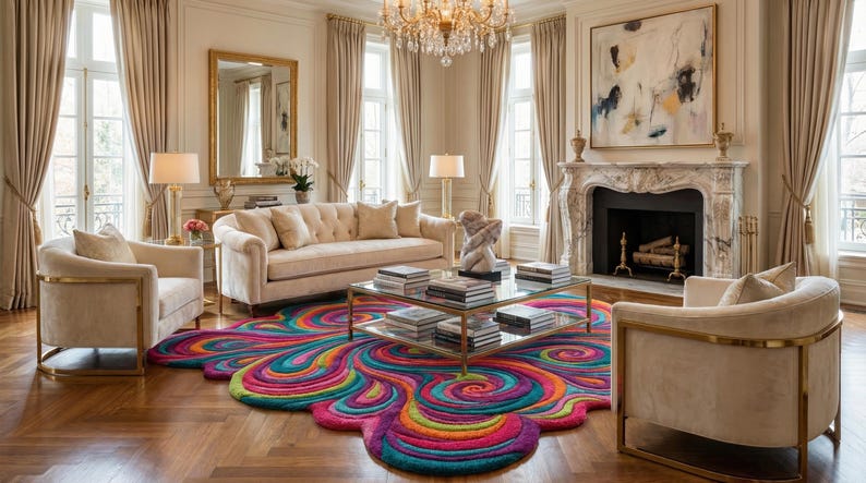 Peut inclure: Salon &eacute;l&eacute;gant avec un tapis abstrait color&eacute; aux tons de rose, bleu, jaune et vert. La pi&egrave;ce comprend des meubles beiges, une table basse en verre et une chemin&eacute;e en marbre. Des accents dor&eacute;s et de grandes fen&ecirc;tres compl&egrave;tent le look luxueux.