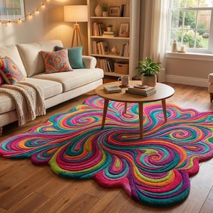 Peut inclure: Un tapis abstrait color&eacute; avec un motif tourbillonnant dans des tons de rose, vert, jaune et bleu orne le sol en bois. Un canap&eacute; beige avec des coussins et une table basse en bois compl&egrave;tent le d&eacute;cor du salon.