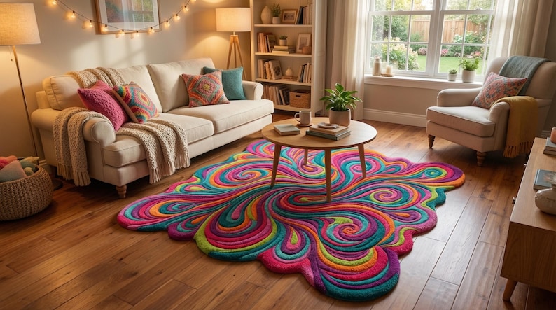 Peut inclure: Un tapis abstrait color&eacute; avec un motif tourbillonnant dans des tons de rose, vert, jaune et bleu orne le sol en bois. Un canap&eacute; beige avec des coussins et une table basse en bois compl&egrave;tent le d&eacute;cor du salon.