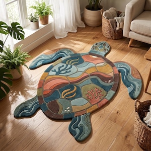 Puede incluir: Una alfombra con forma de tortuga marina que presenta un diseño de caparazón segmentado con patrones abstractos en tonos azul, verde, naranja y marrón. La alfombra muestra motivos estilizados de coral y olas y tiene cuatro aletas.
