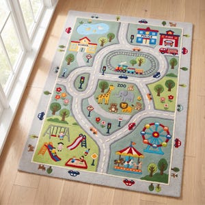 Hand Tufted City Map Play Rug | Kids Road Car Playroom Carpet, Nursery Area Rug image 7
