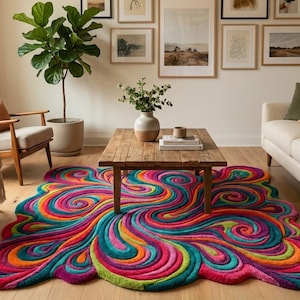 Peut inclure: Un tapis abstrait color&eacute; avec un motif tourbillonnant dans les tons de rose, bleu, vert et orange est au centre de la pi&egrave;ce. Le tapis est plac&eacute; sous une table basse en bois, entour&eacute; de meubles et de d&eacute;corations aux tons neutres. La pi&egrave;ce a une atmosph&egrave;re chaleureuse.