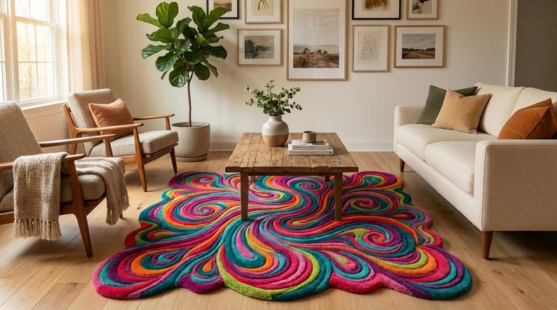 Peut inclure: Un tapis abstrait color&eacute; avec un motif tourbillonnant dans les tons de rose, bleu, vert et orange est au centre de la pi&egrave;ce. Le tapis est plac&eacute; sous une table basse en bois, entour&eacute; de meubles et de d&eacute;corations aux tons neutres. La pi&egrave;ce a une atmosph&egrave;re chaleureuse.