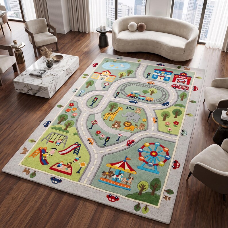 May include: A rectangular area rug featuring a colourful city map design with roads, a school, police and fire stations, a train track, a zoo with animals, a playground, and a carnival with a ferris wheel and carousel, all on a light green background.
